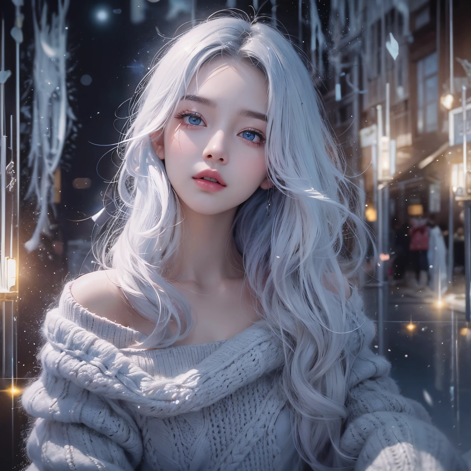 1girll,(Captivating quality:1.4),(True textured skins of the highest quality), Delicate face,long white hair, Cool Beauty,Blue eyes、Gradient Hair, petite body,(perfect bodies:1.1),PUPILS SPARKLING,long eyelasher,hyperphotorealism, Cinematic lighting, projected inset, surrealism, hyper HD, masutepiece, 16 K,Dream On,wear off-shoulder knits,Winter Outfit、Carmelto,Shining snow on a black background、Looking over here、