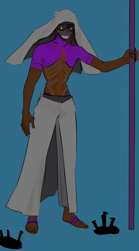 (masterpiece), best quality, detailed very Thin girl, black skin, headgear black simagh, black blindfold, detailed skeleton mask, full body, long black pants, half naked, black purple slime, holding spear, monster, cripple, no skeleton body, skeleton teeth