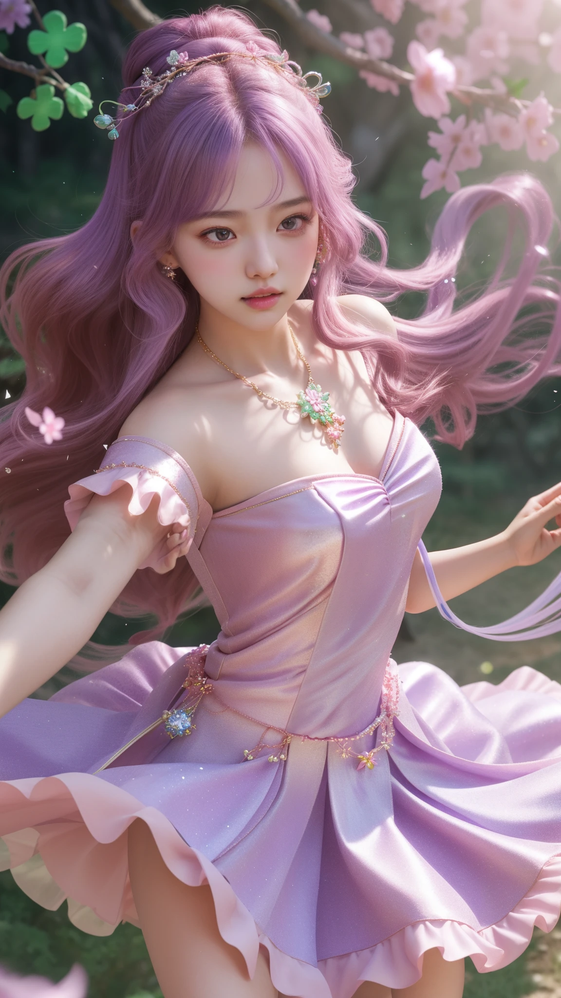 a girl, detailed hair, detailed eyes, shy, facial hair, clover hair ornament, jeweled branch of hourai, jewelry, light blush, light blush, musical note hair ornament, purple dress, princess dress, glowing light, ray tracing, bloom, chromatic aberration abuse, motion blur, 4K, UHD, masterpiece, dancing poses,