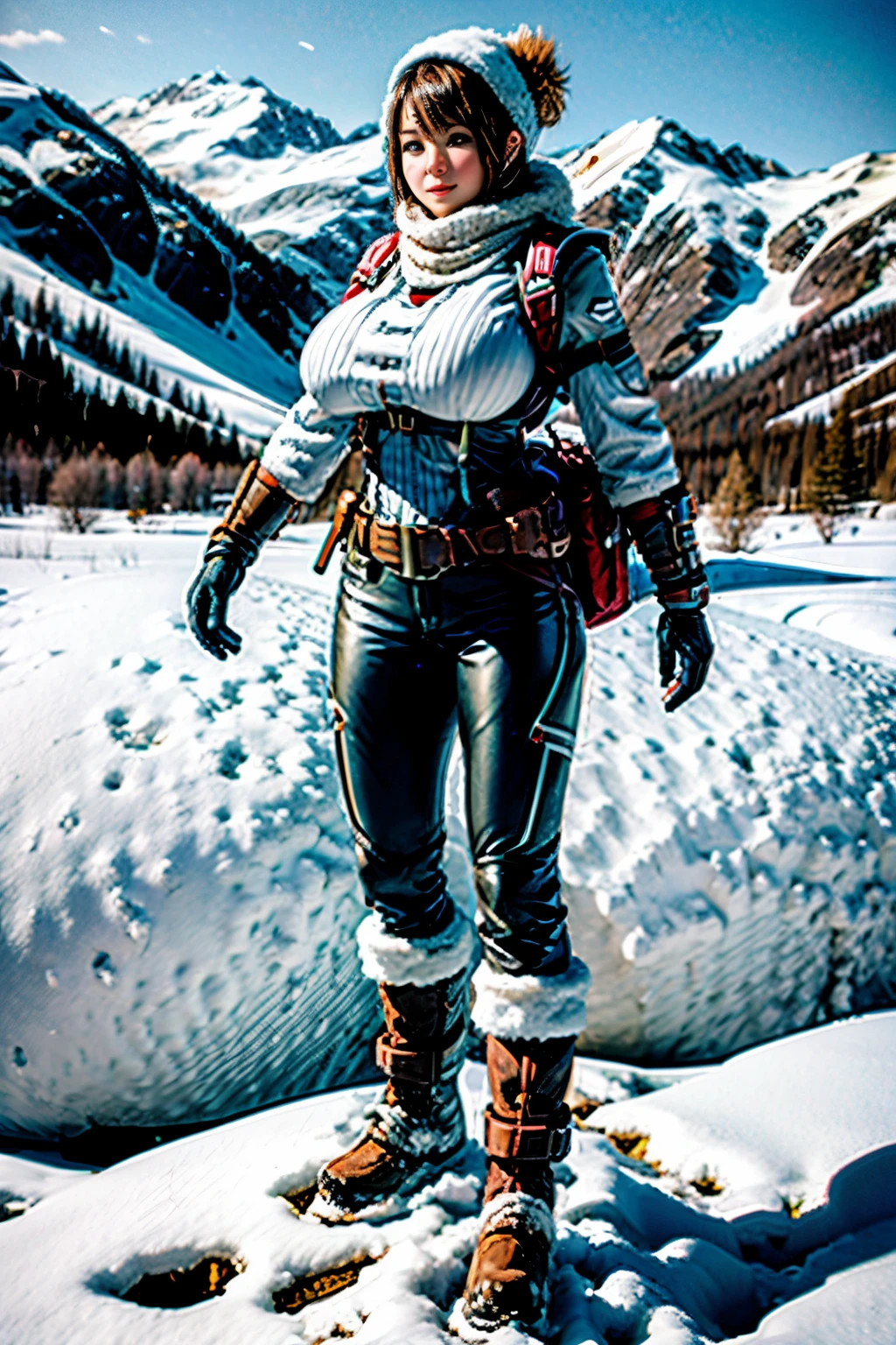 female Adventurer, photogenic pose, snowy field, full body shot, giga-busty --ar 2:3