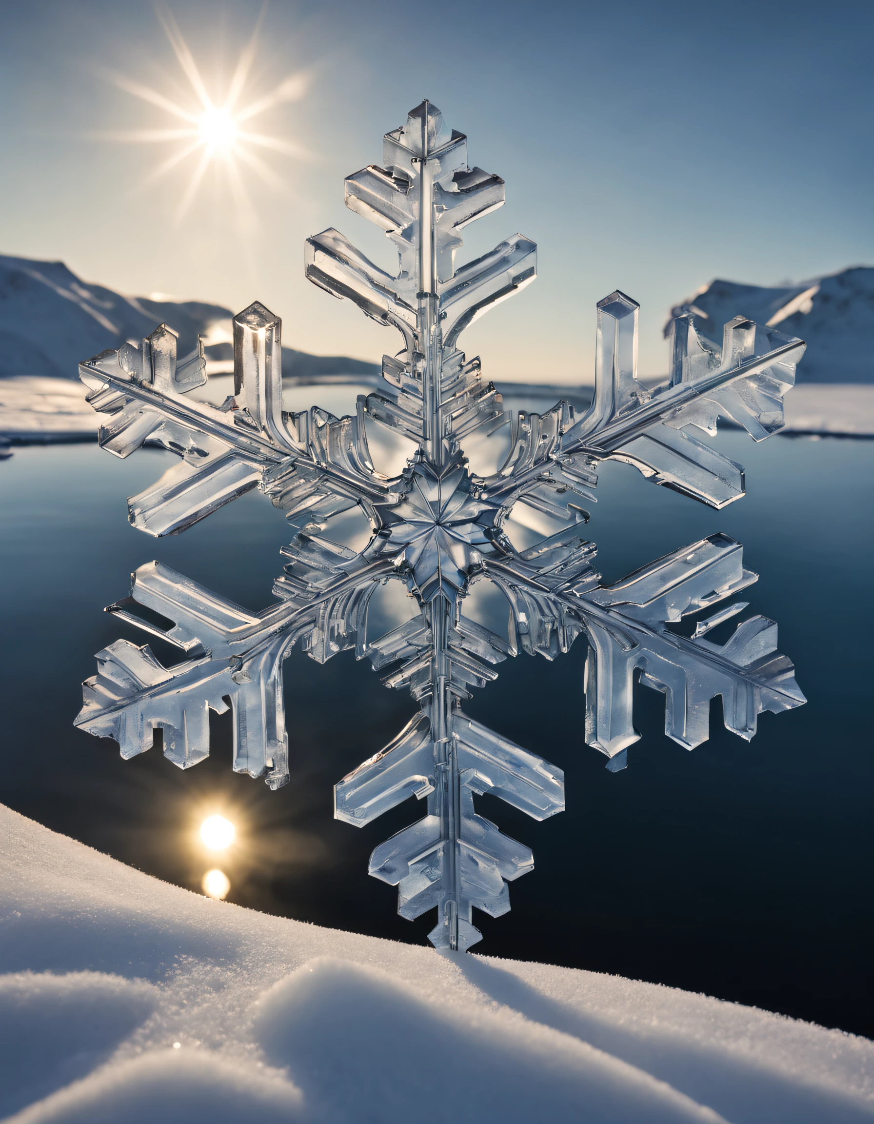Arcos major style, StunningNaturalViews, Realistic look of giant snowflakes sitting on a frozen lake, Inspired by Arthur Burdett Frost, stunning screensaver, yulia nevskaya, Winter sun, hight decorated, floating under the lake, South Pole,
