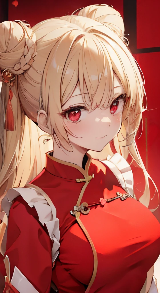 a blond、Bun hair、red eyes、One pretty girl、独奏、animesque、Red cheongsam、slender、Colossal tits、Drawing the whole body、Smiling expression