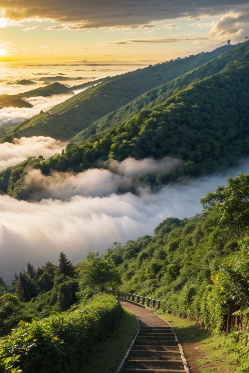 ln the forest、terraced、Overlooking、Cloud fog、the setting sun、Emerald yellow and green leaves