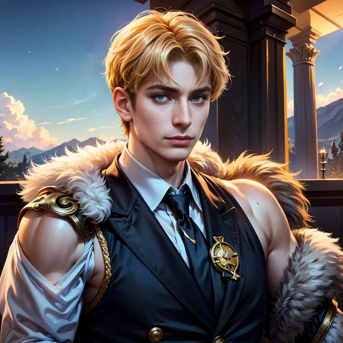 Roman Emperor Constantine the Great。Adults。1 male。Calm and serious expression。calm and authoritative。forceful。Late Roman Empire。late roman costume。has eyes like a lion。thick neck。broad shoulder。It's peaceful but、Be ruthless when necessary。Magnificent。clear sky。white clouds。golden cross。masterpiece。top-quality。Ultrarealistic。vivid。detaileds。exquisite。Super beautiful。Cinematic。Super visual beauty。