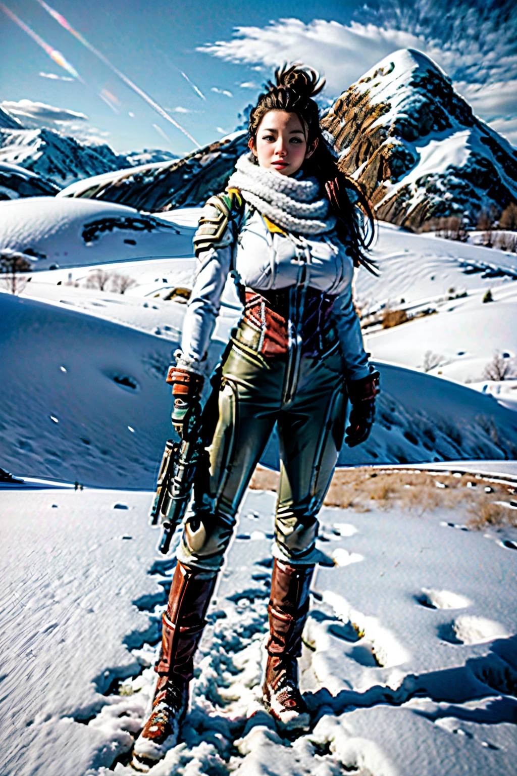female Adventurer, photogenic pose, snowy field, full body shot, giga-busty --ar 2:3