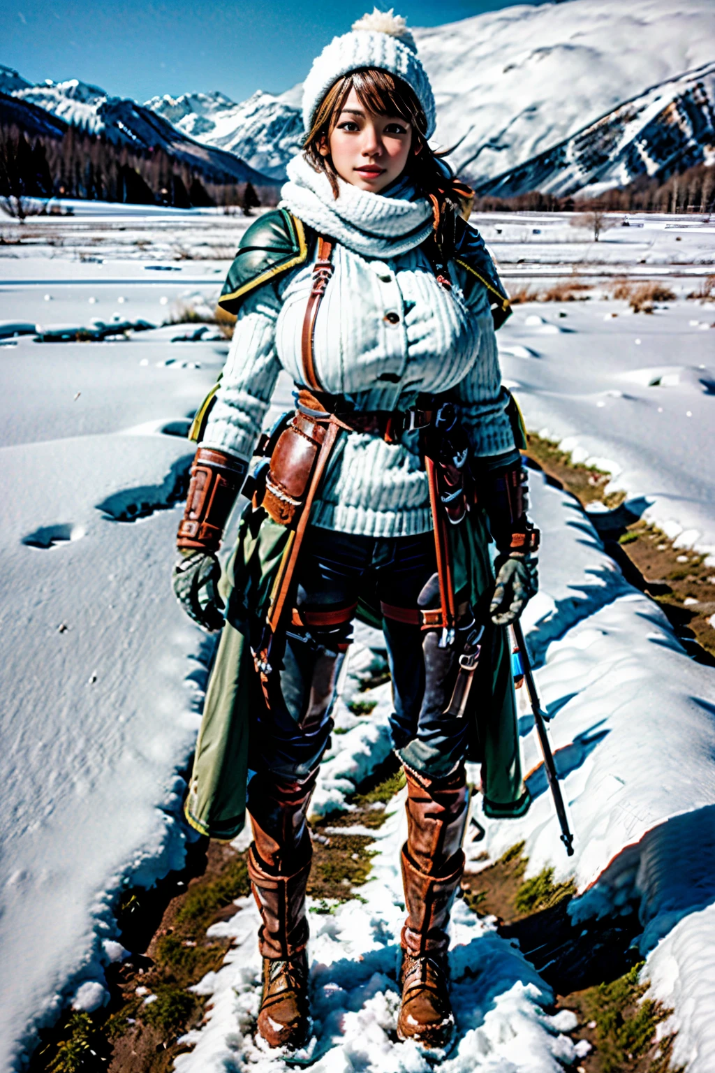 female Adventurer, photogenic pose, snowy field, full body shot, giga-busty --ar 2:3