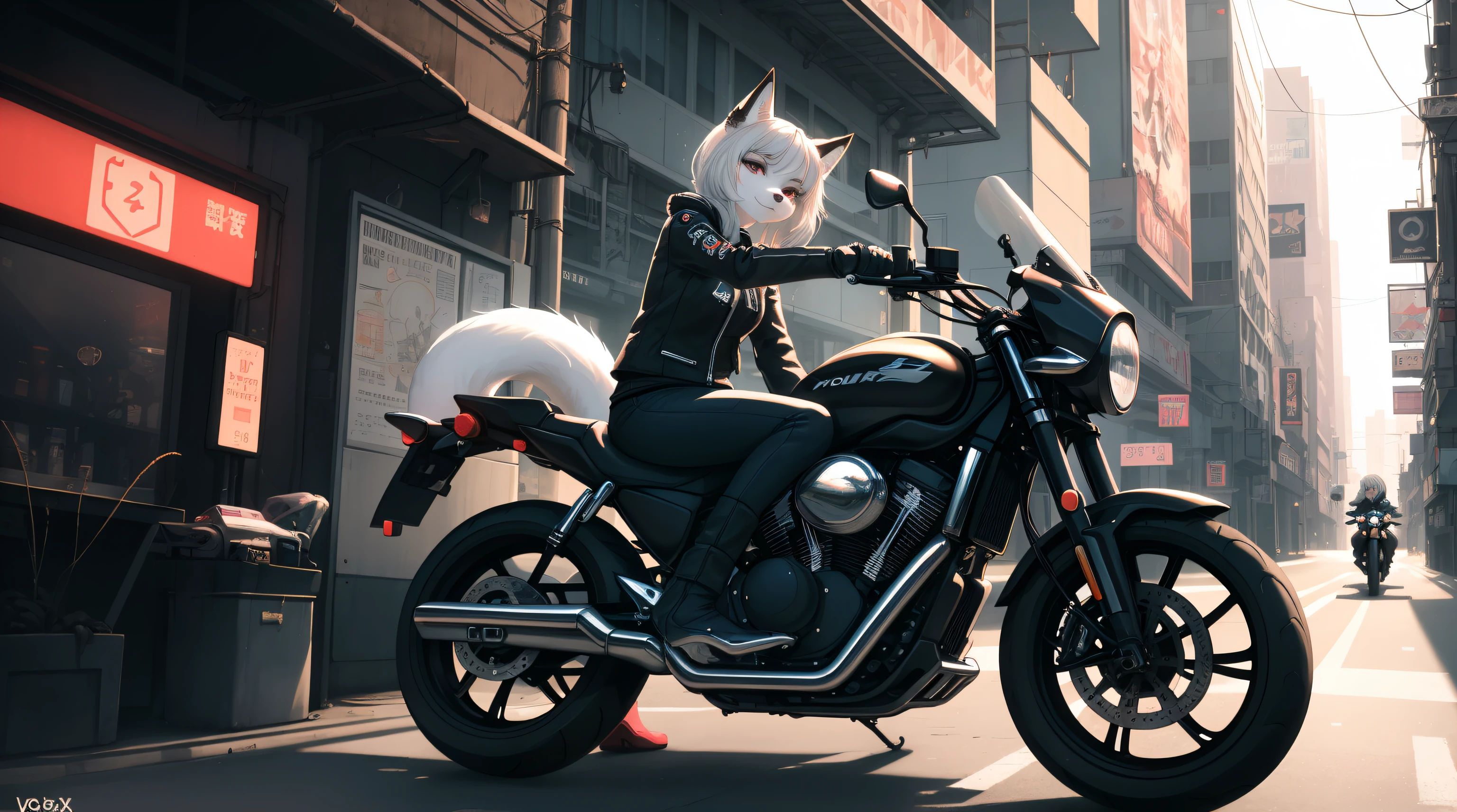 Cyberpunk Miss Fox&#39;Handsome face wearing motorcycle clothes，leaning against a motorcycle，Beautiful light and shadow on white hair.、ambient lights、Ultra-fine fur、Volumetric light is very detailed，Best quality at best