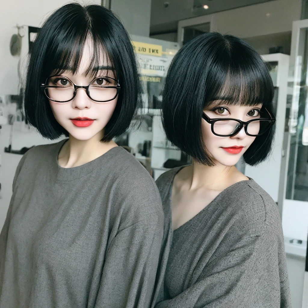 Blogger woman with black creative bob with bangs wearing glasses, 40 years old