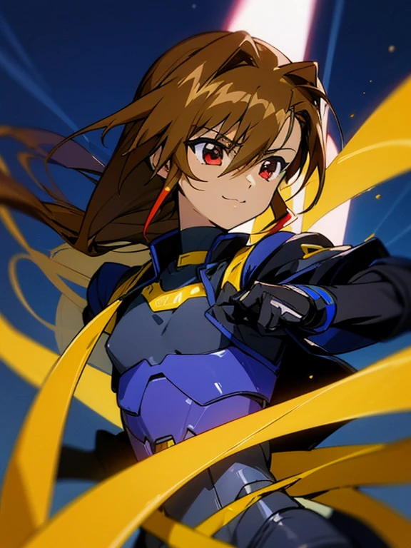 (Dark skin otokonoko), cute,(1 boy) very long dark brown hair, red eyes, (flat chested) wearing (Magical Girl Lyrical Nanoha StrikerS: Vivio Takamachi black barrier jacket black armoured bodysuit), black armoured gauntlets, cute smile, close up, bright blue sky background,