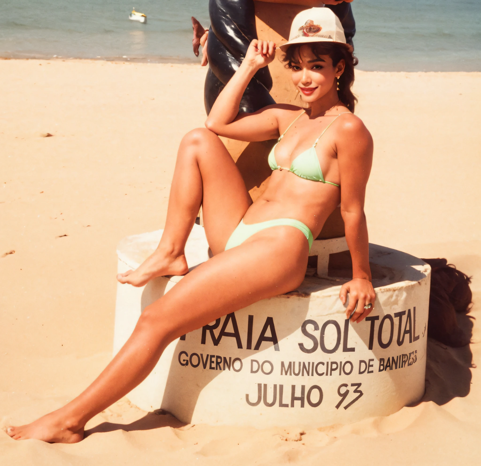 There's a woman sitting in a box on the beach, 1 9 8 9, 1989, Supermodelo brasileira, 1 9 8 7, 1987, 1 9 8 8, 1988, 1 9 8 6, 1986, 1 9 9 0, 1990, 1 9 8 0 s, biquini pequeno, 2 piece green bikini