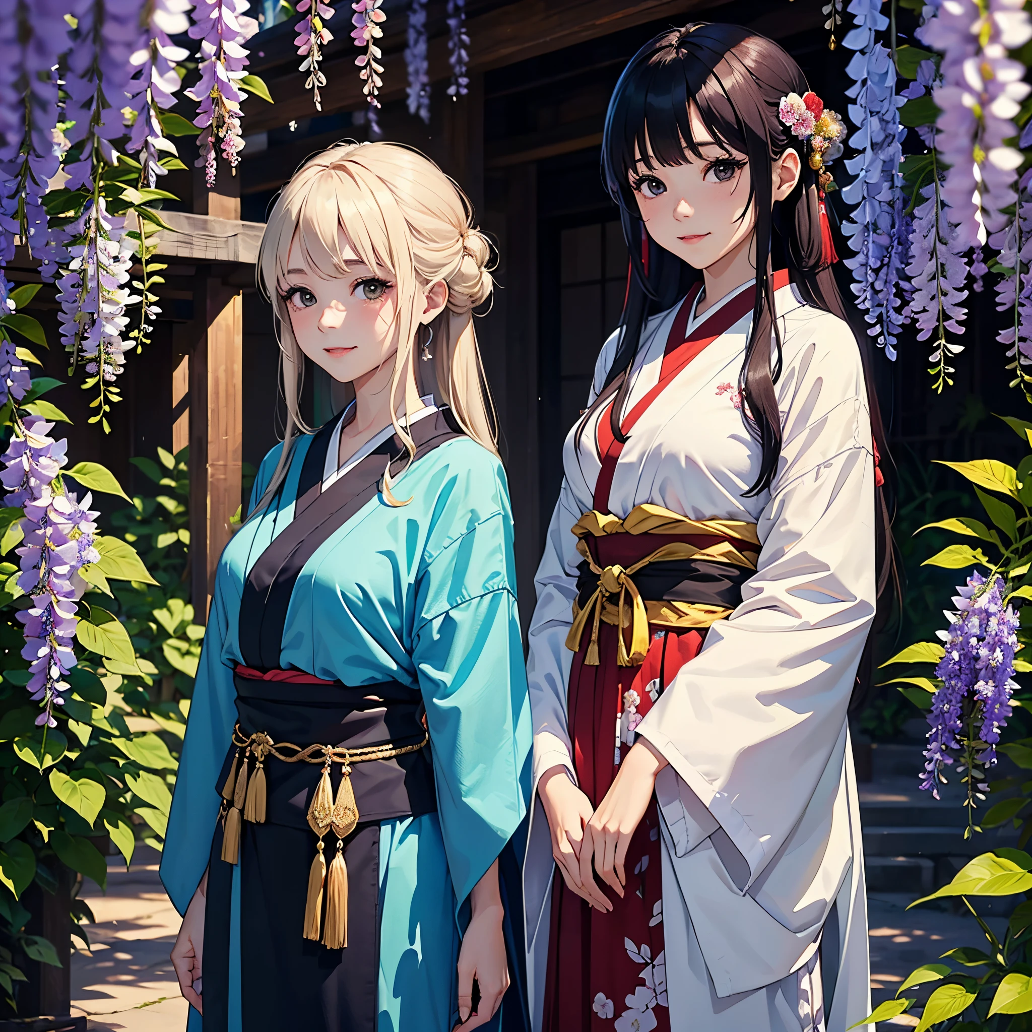 in 8K、Best Quality、masutepiece、(One Priestess、japanes、Beautuful Women、25-years old、Beautuful Women、cute little、spotless)、springtime、starrysky:3、Wisteria flowers:2(ssmile、slightly red cheeks)