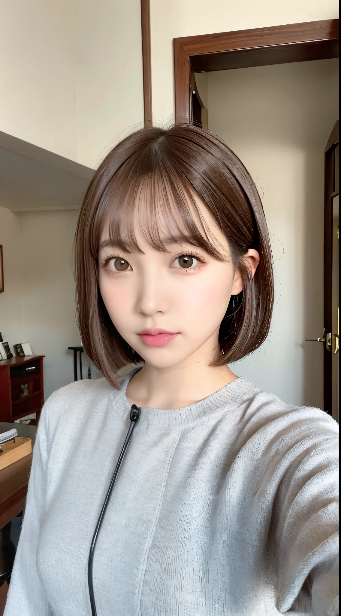 A woman with a short brown hair wearing a gray sweater - SeaArt AI
