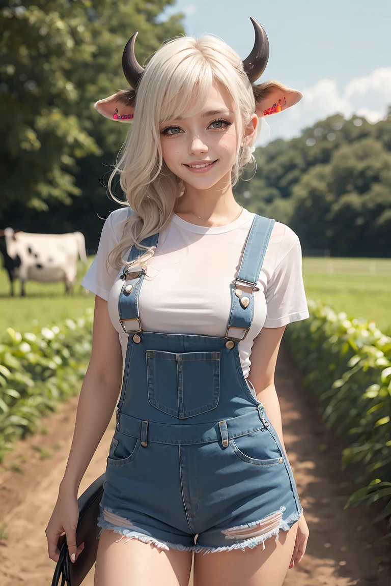cow themed succubus wearing blue farm overalls over a white shirt, black and white hair, cow ears, cow tail, cow eyes, smile, sunny, in a farm, blushing