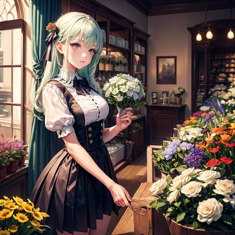 femele, Flower shop, Flower shop clerk, skirt by the, Lace blouse, Green Hair, White Hair Ribbon,purpl eyes, magnificent scene, best composition, (masutepiece, Best Quality, Hires, High quality, By a professional artist, ultra-detailliert, Extremely detailed, absurderes, Incredible resolution:1.2)