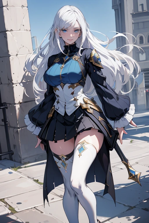 masterpiece, best quality, beautiful clean face, Super-detailed eyes, shining pupils, full body, 1 girl, 18 years old, smile, embarrassed, white hair, long hair, big breasts, Slender, fashioned like a character in a fantasy game, dressed like a game adventurer, blue clothing, with a graceful appearance, 8k, ultra detailed, (hyper realistic:1.4)