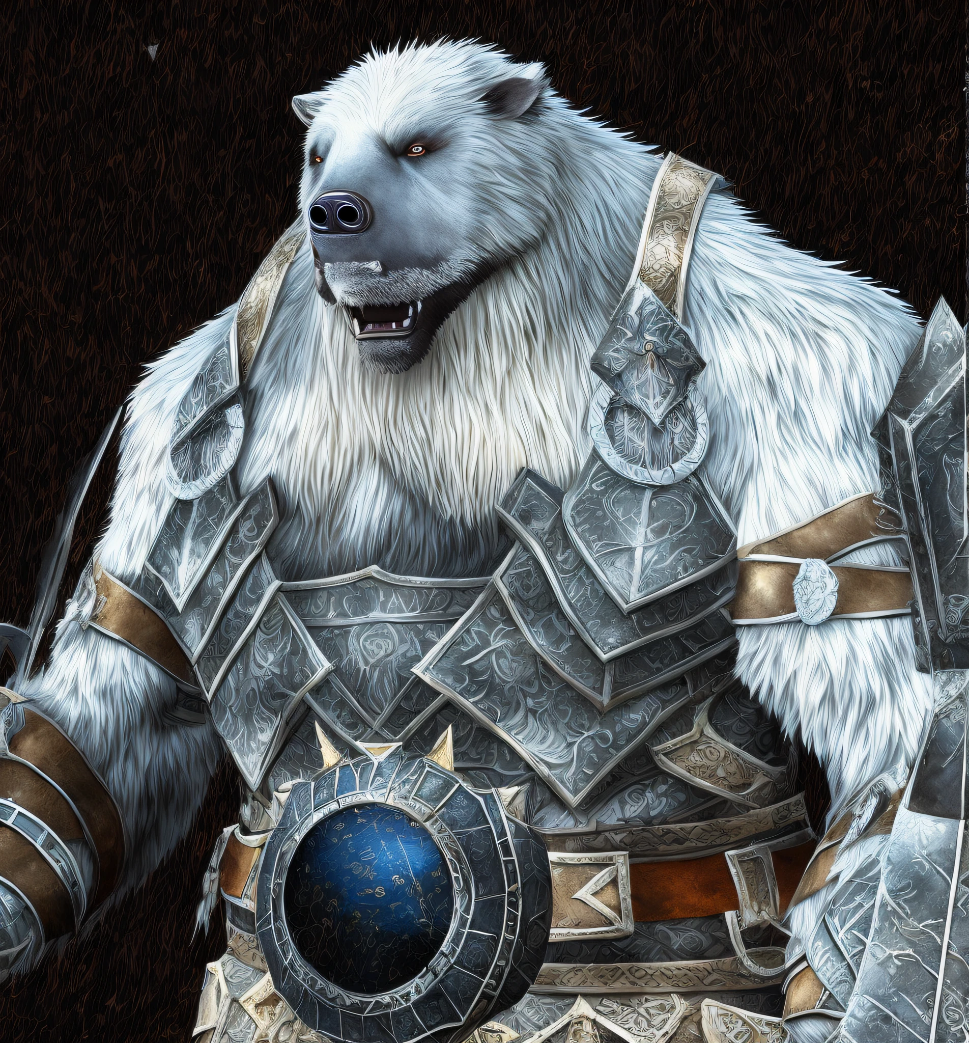 Close-up of a white bear with blue eyes, fur-clad barbarian goliath, giant bear human hybrid, Wearing intricate fur armor, gnoll, Raging Bugbear, detailed white armor, Male polar explorer, bugbear, Fur armor, intricate white armor, Manbear Pig, Titans of Erebos, 12 Ursa Major, White Ghost Hulk、