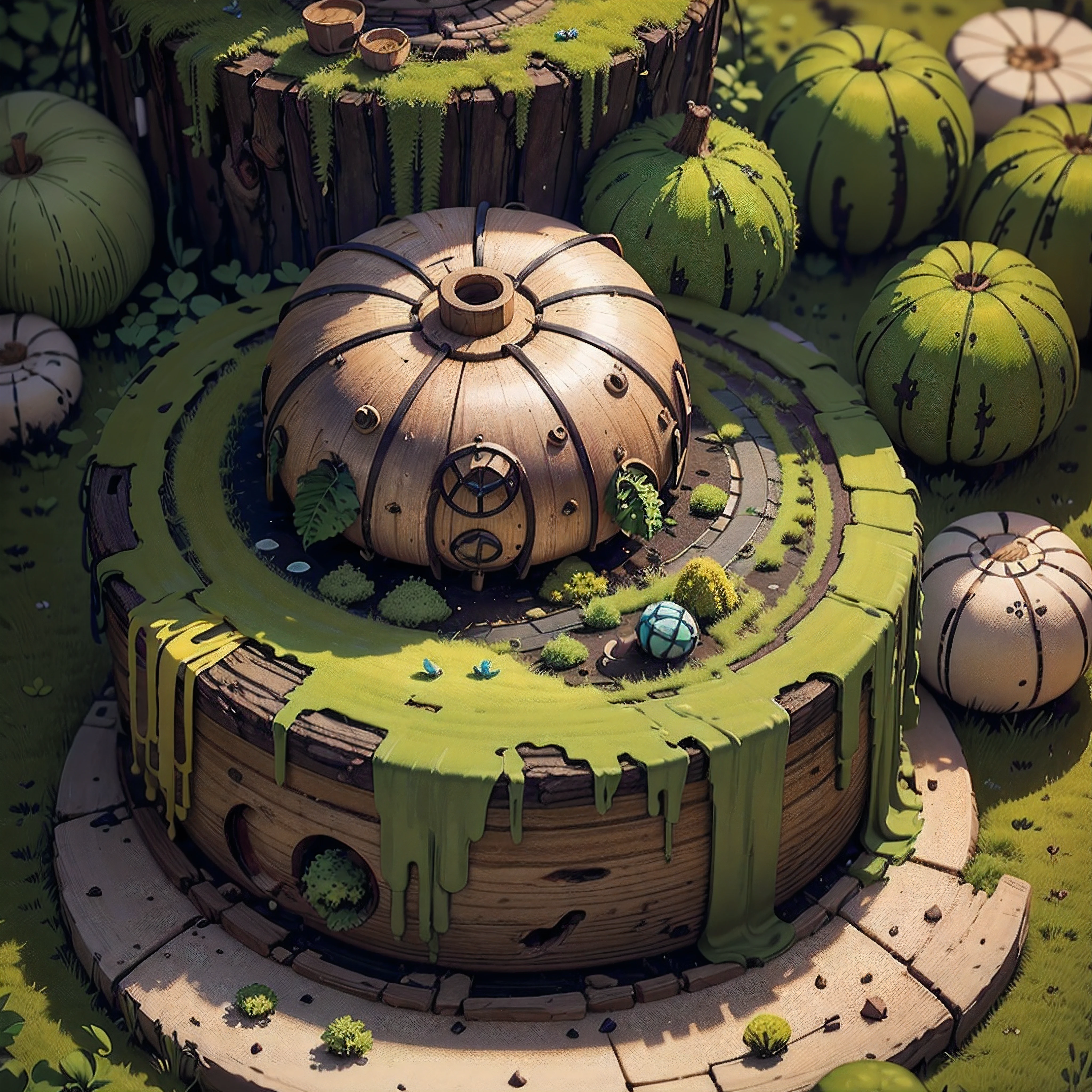 Masterpiece, best quality, (very detailed CG unity 8k wallpaper), (best quality), (best illustration), (best shadows), round turnip hut covered with moss, isometric 3D , octane rendering, ray tracing, highly detailed