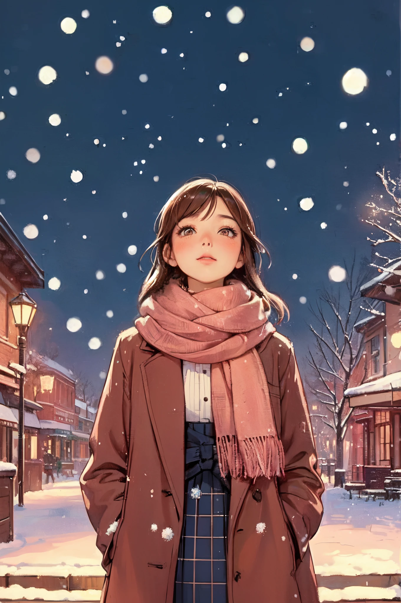1lady standing, looking up at the sky, /(stylish outfit/), mature female, /(brown hair/) bangs, blush  (eyes sparkling with fascination), facing away, (masterpiece best quality:1.2) delicate illustration ultra-detailed, large breast BREAK (snow falling around her:1.2), main street outdoors