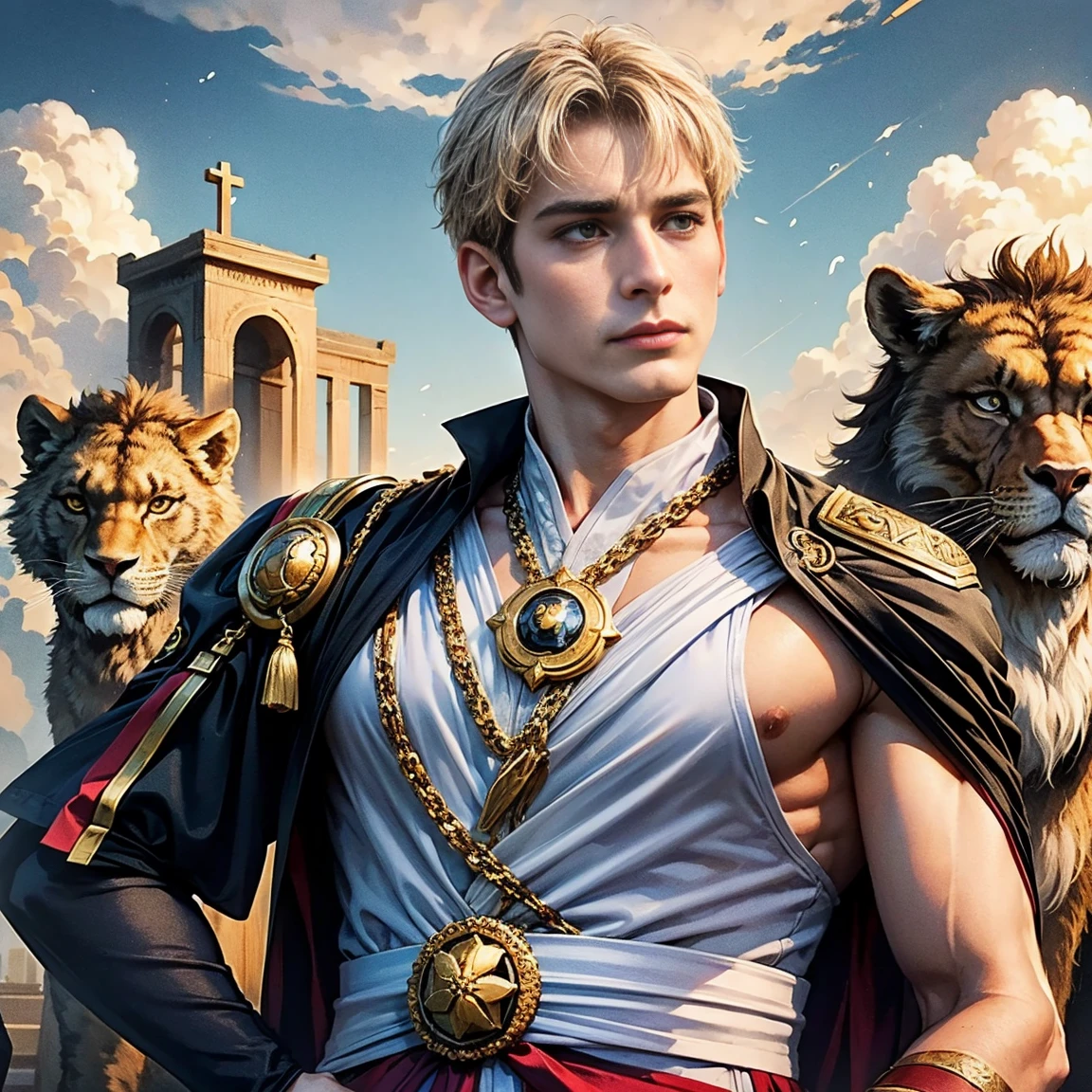 Roman Emperor Constantine the Great。Adults。1 male。Calm and serious expression。calm and authoritative。forceful。Late Roman Empire。late roman costume。has eyes like a lion。thick neck。broad shoulder。It's peaceful but、Be ruthless when necessary。Magnificent。clear sky。white clouds。golden cross。masterpiece。top-quality。Ultrarealistic。vivid。detaileds。exquisite。Super beautiful。Cinematic。Super visual beauty。