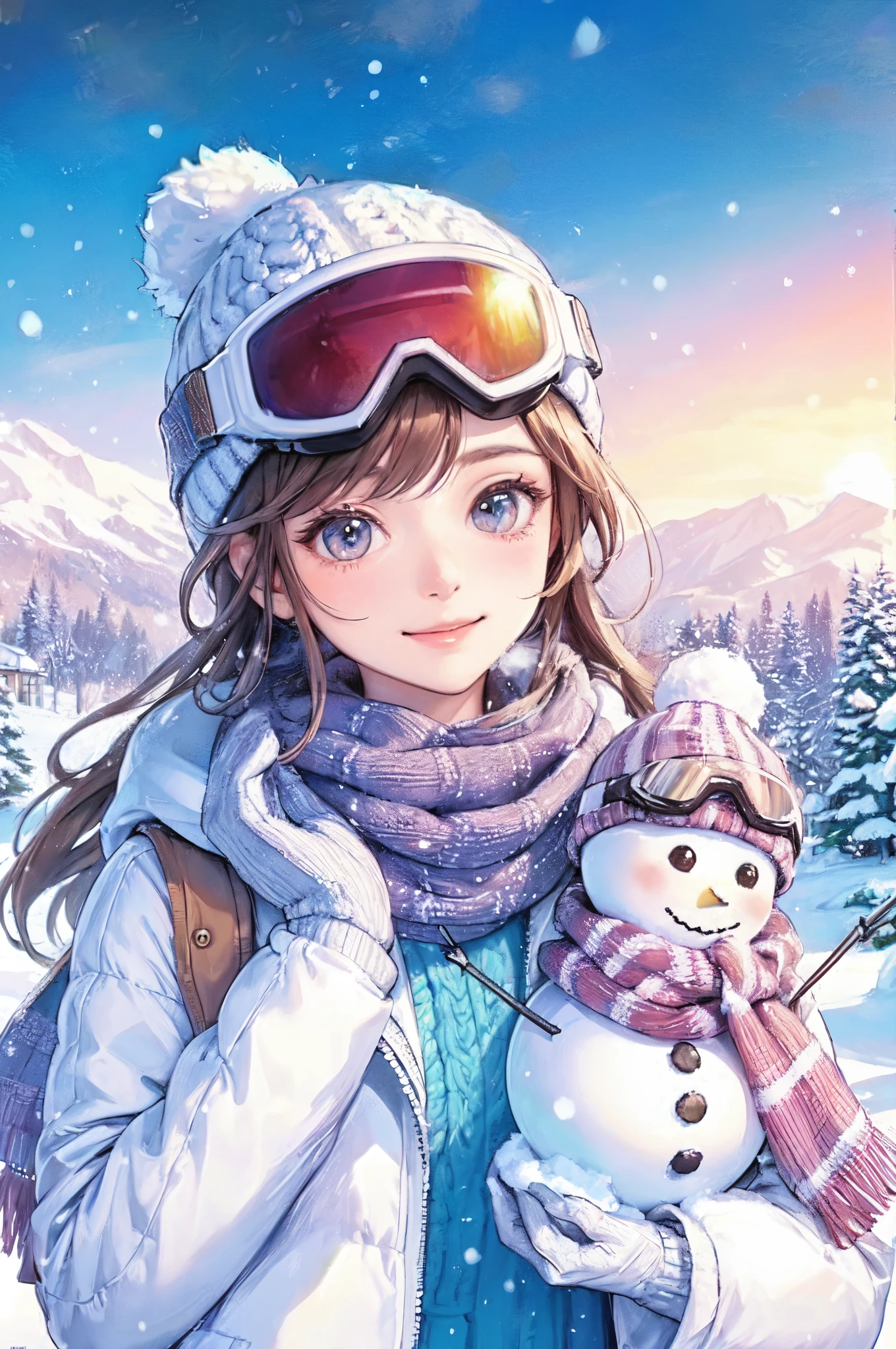1lady standing, (ski wear, goggle) knit cap, /(stylish outfit/), mature female, /(light brown hair/) bangs, blush kind smile, (masterpiece best quality:1.2) delicate illustration ultra-detailed, large breast BREAK (holding a small snowman adorned with tiny ski goggles and a scarf ) BREAK (snow falling around her:1.2), ski resort outdoors