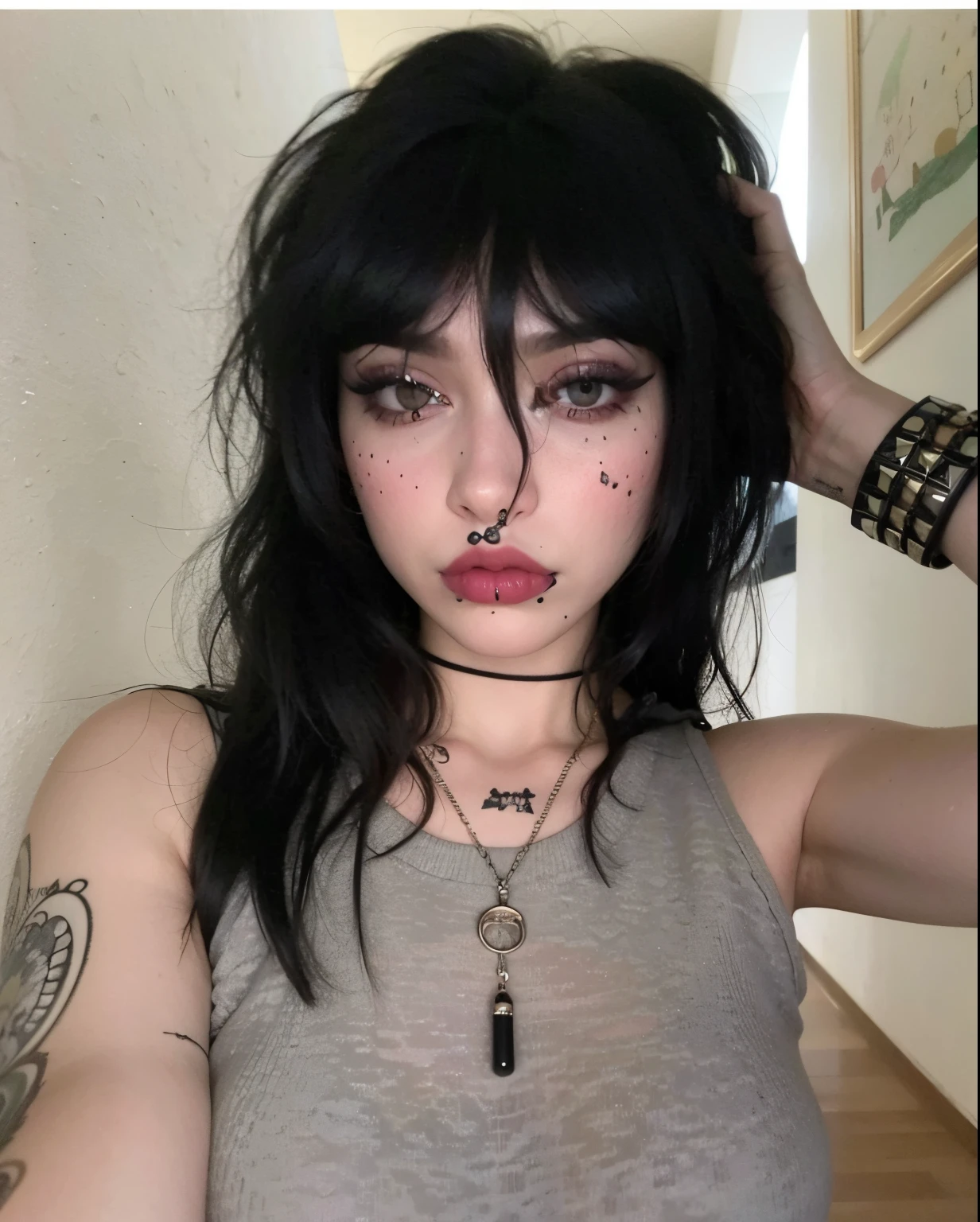 Mujer arafed con piercings y piercings en la cara., 1 7 - year - old goth girl, goth girl aesthetic, Wear gothic makeup, gothic aesthetic, goth girl, pale goth beauty, cruel korean goth girl, 1 7 - year - old anime goth girl, Goth makeup, septum piercing, ojos oscuros y penetrantes, Parece una mezcla de grimes