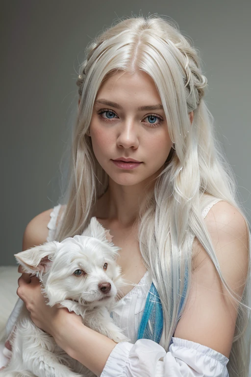 blond woman with long hair and blue eyes positing with her dog, girl with white hair, perfect white haired girl, soft portrait shot 8 k, color photograph portrait 4k, brunette with dyed blonde hair, girl silver hair, flowing silver hair, color portrait, flowing white hair, photo of a beautiful woman, white hair color, a girl with blonde hair
