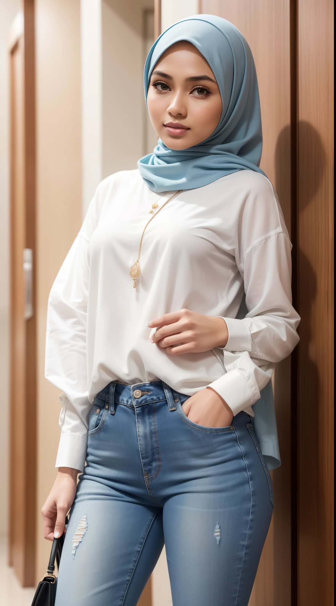 RAW, Best quality, high resolution, masterpiece: 1.3), beautiful Malay woman in hijab (iu:0.8)1beautiful Malay woman ,beautiful face, watery eyes, perfect lips, big eyes, wearing woman in a white shirt and blue jeans walking down a hallway, wearing casual clothing, wearing casual clothes, white hijab, casual clothing style, wearing elegant casual clothes, wearing beautiful clothes, casual pose, with lovely look, casual modern clothing, simple clothes, modern casual clothing, simple style, 🤠 using a 🖥, wearing jeans, wearing a blouse