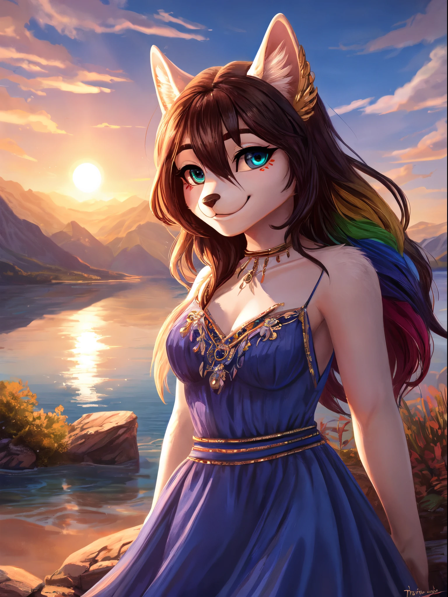 (best quality,8k,4k,masterpiece:1.2),ultra-detailed,beautiful,ultra sharp,furry,fursona,gay,fur,masculine,sexy,dreamlike landscape,have fun,pride,landscapes,portrait,physically-based rendering,natural lighting,vibrant colors,prismatic,emotional,expressive eyes,flowing hair,confident,relaxed,posh attire,graceful,A girl with a striking appearance,fascinatingly detailed eyes and face,piercing,alluring,long eyelashes,subtle and confident smile,sparkling eyes,proud expression,impeccably styled,glamorous atmosphere,serene backdrop,peaceful ocean view,gentle sun rays,majestic mountains,sparkling water,soothing color palette,romantic atmosphere,iridescent rainbow in the sky,captivating clouds,airy dress fluttering in the breeze,dreamy and radiant glow,positive vibes,celebratory spirit.