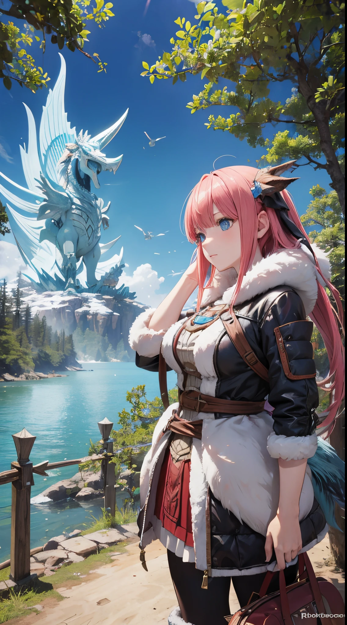 Nino Nakano, armadura abrigada de monster hunter, bosque lago de hielo