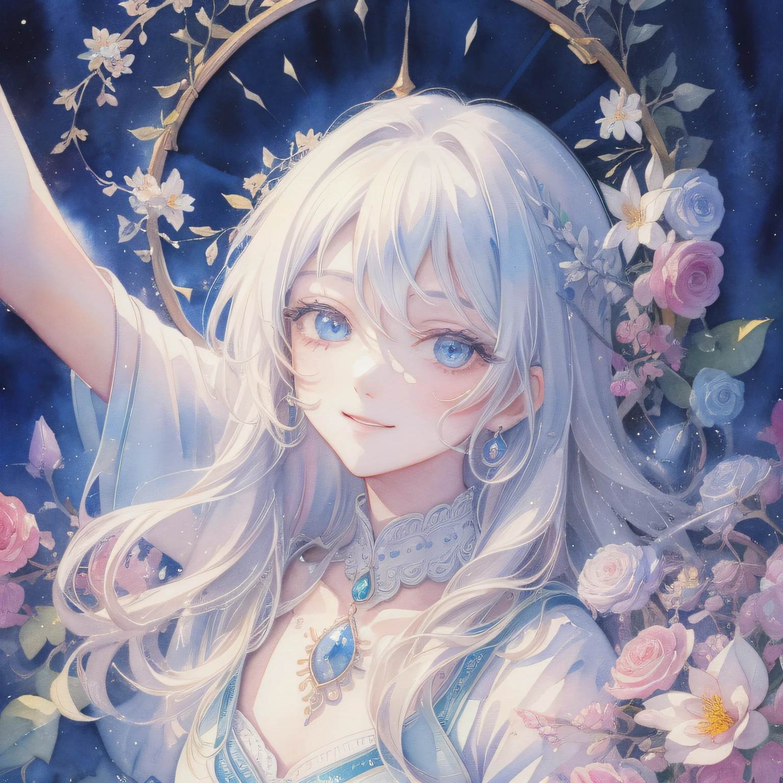 best pictures、Illustrations、detaile、(watercolor paiting:1.4)、(handdraw:1.2)、(Watercolor brush hair)、 masterpiece: 1.7, top-quality、独奏、facing front、Looking Ahead、Painterly、sketch、Paper texture、超A high resolution、extra detailed face、Highly detailed eyes、flat-colors、limited pallete、highcontrast、realisitic、The best lighting、goddes、Graceful、Leprechaun、a matural female、Beautuful Women、Jewel Eyes、White hair、Straight hair、blue gemstone、a little bit smile、blanche:1.5、(Zentangle、a Mandala、Tangle、Entangle:1)、flowers in background、lots of flower