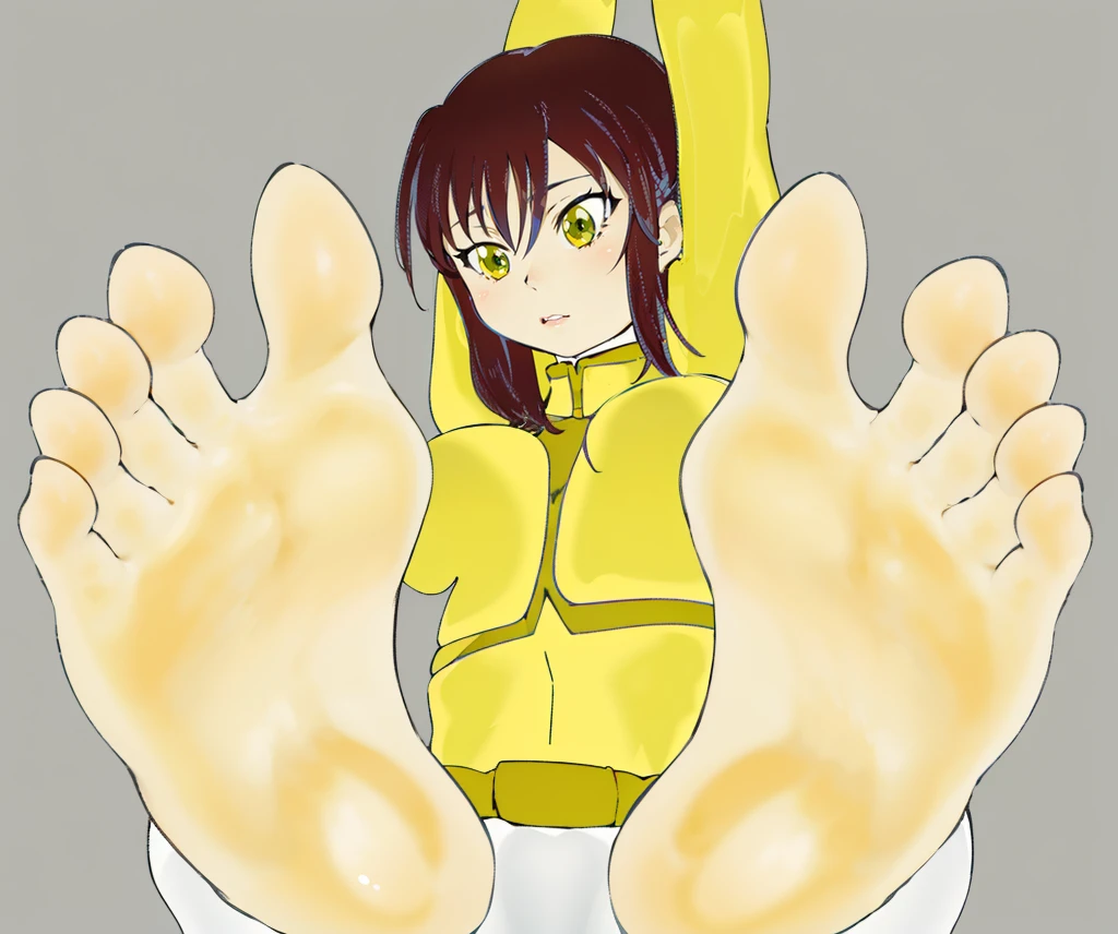 Anime girl sitting on the floor with her legs raised, high soles, feet posing, POV art of furry feet, Foot Art POV, !!Highly detailed!!, shikamimi, The art of the foot, anime moe art style, Happy toes, big legs, soft anime illustration, detailed foot pov, Feet on the ground, feet and hands、Sentai Heroine、Super Sentai、sole of feet、Sweaty feet、Tensou Sentai Goseiger, gosei yellow