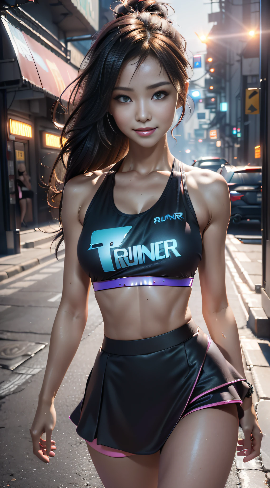 (Top quality),8K,(Masterpiece:1.3),(1 girl:1.3),perfect figure beautiful woman:1.4, (Layered Hair Style, big tit:1.4), ((view the viewer)), (Big smile:1.2),Realistic,high resolution,Highly detailed face and skin texture, Realistic faces, Original photo, ((Beautiful faces:1.5)) ,Pretty Korean girl, Kpop idol,Perfect body proportions,Whitens skin, Shiny skin, ((narrow waist:1.2)), (small ass), (very slim slim well-muscled body:1.24), ((Ultra-detailed face)),The attention to detail,Double eyelids,Eyeshadow strengthening,Eye of detail,Professional lighting,Cinematic lighting, (Focus sharp), ((((cyberpunk style)))), ((dark, Brightly colored clothing)),((Brightly colored cropped tank top ,Short mini skirt)), ((Lively,Active,vivaciousness)), ((Panties)), ((Exposing thighs)), (Erotic:1.3), (((Short skirt that wraps around the hips))),((((runner)) on the street with dark sunset:1.4))