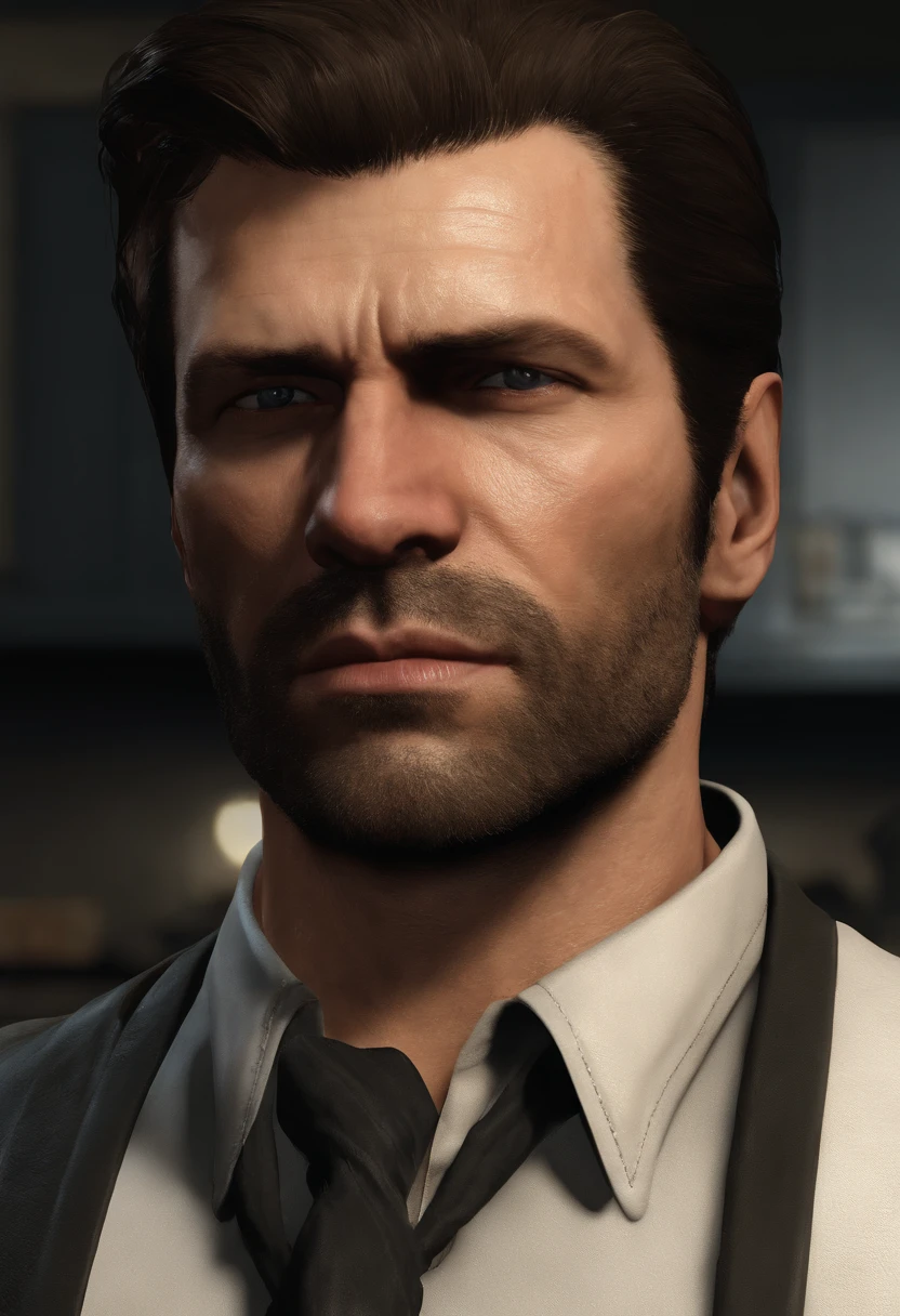 A photo of Max Payne sitting at a dimly lit bar, with a shot of bourbon in front of him and a contemplative look on his face.,Max Payne 3,Max's appearance can be described as follows:
Max Payne is a middle-aged man with a rugged and weathered appearance. He has a strong and muscular build, reflecting his background as a former police officer and skilled marksman. Max stands at an average height and has a slightly hunched posture, which adds to his weary and worn-out demeanor.
His most notable feature is his dark, unkempt hair, which is usually styled in a messy manner. Max has short hair that is mostly black, with a slight hint of gray, suggesting the toll that his experiences have taken on him. He often has a five o'clock shadow, further reinforcing his gritty and tired look.
Max's face bears the scars of his troubled life. He has a strong jawline and deep-set, piercing blue eyes that reflect a mix of determination and sorrow. His eyes often appear bloodshot, hinting at his sleepless nights and constant battles with inner demons. Max has prominent cheekbones, which lend a sharpness to his features, and his facial expression is often grim or pained.
He typically dresses in a dark and practical manner, reflecting his no-nonsense approach to life. Max is often seen wearing a black leather jacket, which has become an iconic part of his attire. Underneath the jacket, he usually wears a plain dark-colored shirt or a white undershirt. He pairs this with dark trousers and sturdy black boots, suitable for the intense action and combat he encounters.
Max Payne's overall appearance exudes a sense of world-weariness and a touch of noir. His disheveled hair, tired eyes, and rugged attire reflect the turbulence he has experienced and the dark path he walks in his relentless pursuit of justice and redemption.
Max Payne has a distinctive facial structure with pronounced cheekbones and a strong jawline. His face often appears tense and serious, with a deep furrow between his eyebrows. The lines around his eyes and mouth show the traces of sorrow, pain, and stress that have marked his life.
His eyes are characterized by an intense ice-blue color, creating a striking contrast against his dark hair. His gaze is usually serious and determined, but also tinged with sadness and melancholy. His piercing stare conveys a sense of intensity and resolution.
Max often wears a distinctive expression marked by anger and rage. His jaw is often clenched, and his lips are often pressed into a thin line, reflecting his determination and suffering.
Regarding his clothing, Max Payne's style is practical and functional. He typically wears dark, worn-out attire that allows him freedom of movement and suits his dark character. Along with his iconic black leather jacket, he often wears a plaid shirt or a plain t-shirt underneath. His pants are usually dark or black, emphasizing the somber tone of his story. He completes his look with sturdy black boots, conveying both stability and a rugged edge.
Max Payne's overall appearance is characterized by a blend of strength and vulnerability. His tired and weathered look reflects the heavy emotional burdens he carries, while his determined countenance and piercing gaze demonstrate his persistence and desire for revenge and justice., male