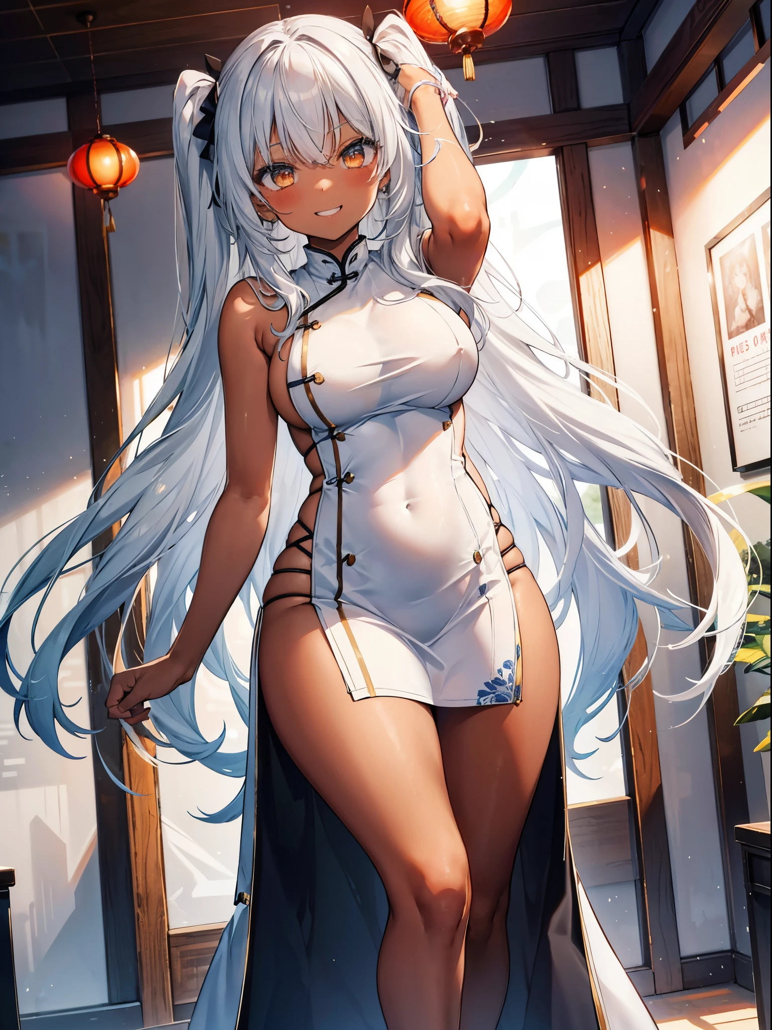 sticking out one's shoulders, High school girl, {{{brown skin}}}, ((best quality)), (super detailed), ((cute)), silver hair, orange eyes, two side up straight hair, exposed legs, teeth A smiling face, a sexy pose, a protruding butt, big breasts that look like they're about to burst, a big grin, a big grin, (blushing), a shiny shine, shiny dark skin, {{{white china dress}}}, enormous breasts, slender, Chinese restaurant,