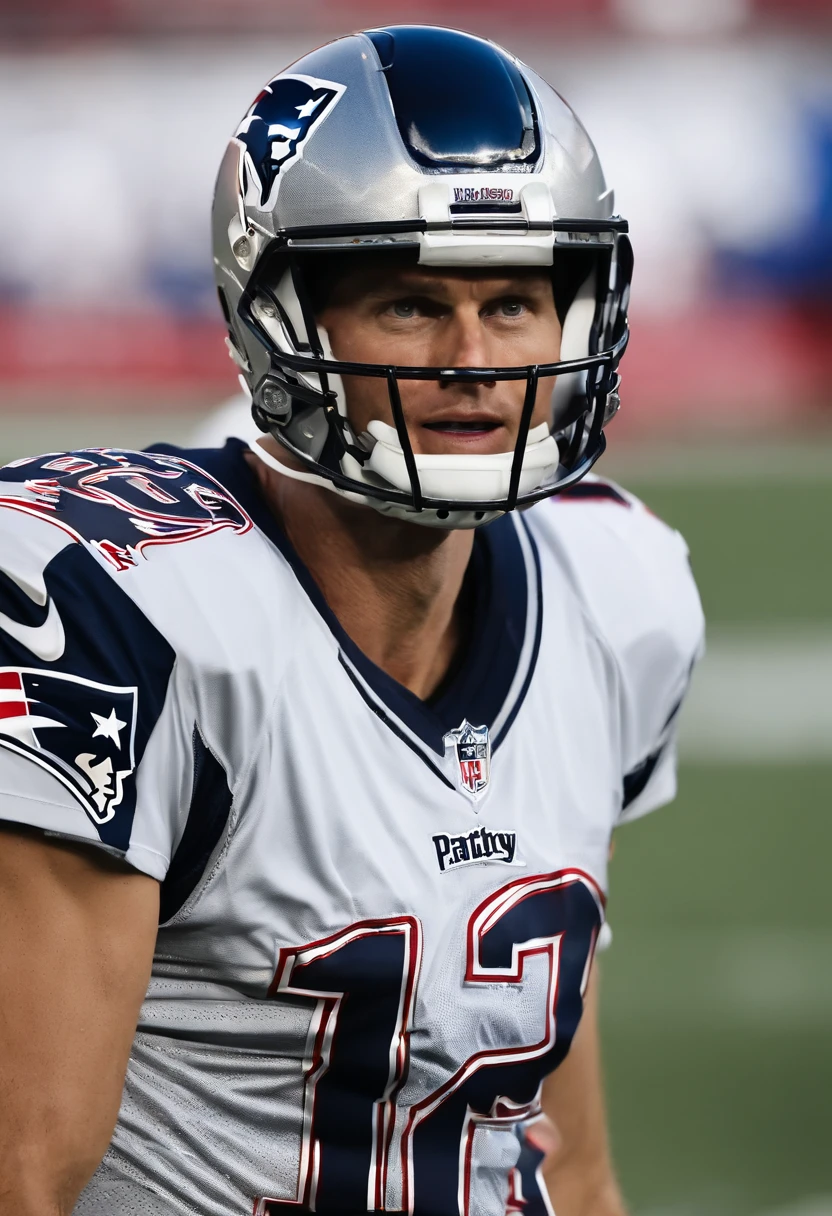 The image is a close-up of Tom Brady in workout gear, leading a team huddle on the football field.,New England Patriots,Tom Brady, the recently retired renowned American football quarterback, is known for his athletic build, standing tall with a lean, yet muscular physique honed from years of rigorous training and play. He often appears clean-cut, with short hair and a well-maintained appearance, reflecting his disciplined and focused nature., male