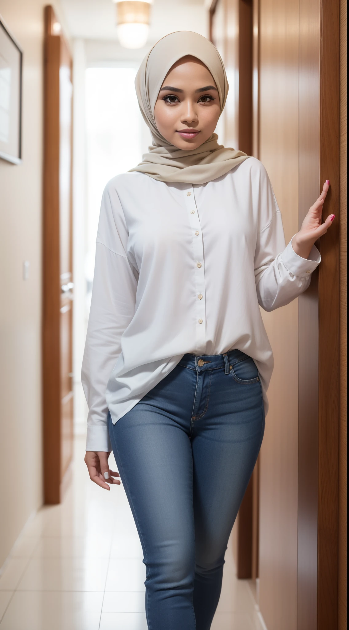 RAW, Best quality, high resolution, masterpiece: 1.3), beautiful Malay woman in hijab (iu:0.8)1beautiful Malay woman ,beautiful face, watery eyes, perfect lips, big eyes, wearing woman in a white shirt and blue jeans walking down a hallway, wearing casual clothing, wearing casual clothes, white hijab, casual clothing style, wearing elegant casual clothes, wearing beautiful clothes, casual pose, with lovely look, casual modern clothing, simple clothes, modern casual clothing, simple style, 🤠 using a 🖥, wearing jeans, wearing a blouse