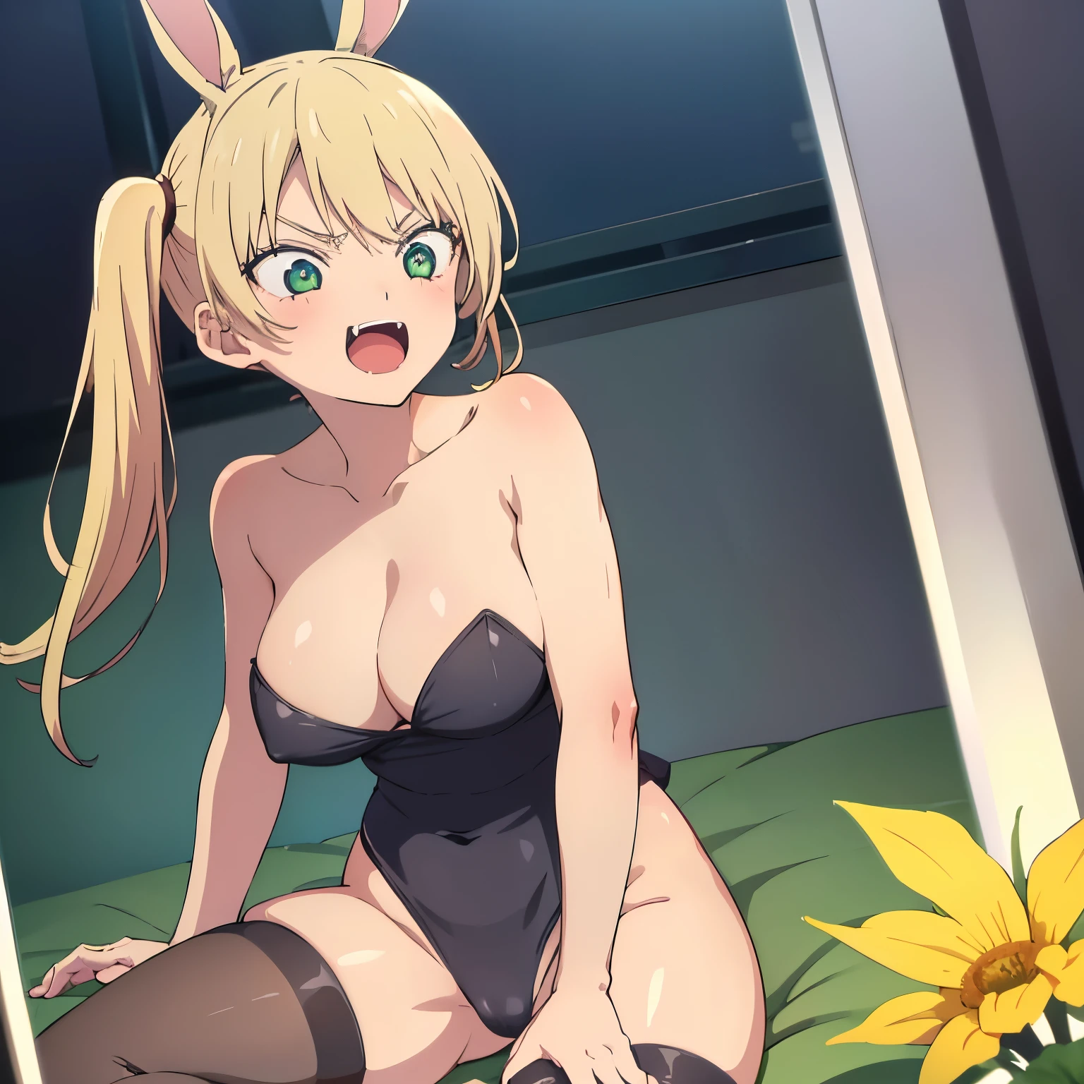 pov (from below) 1 girl, alone, Hoshizaki MIRIKA, medium hair, blonde hair, green eyes, big breasts, two pigtails, 1 girl, bunny ears, black playboy bunny outfit, black stockings, alone, big breasts, medium waist , medium hips, wide thighs, room, bedroom, night, good lighting, window with good night lighting, sitting on bed, blushing, micro bikini, hands together below the waist, , covered nipples, collarbone, cowboy photo, marked pussy, marked nipples, thighs, barefoot, (facing viewer:1.2), open mouth, armpit, detailed pupils, angry, embarrassed, seductive, smiling, open mouth