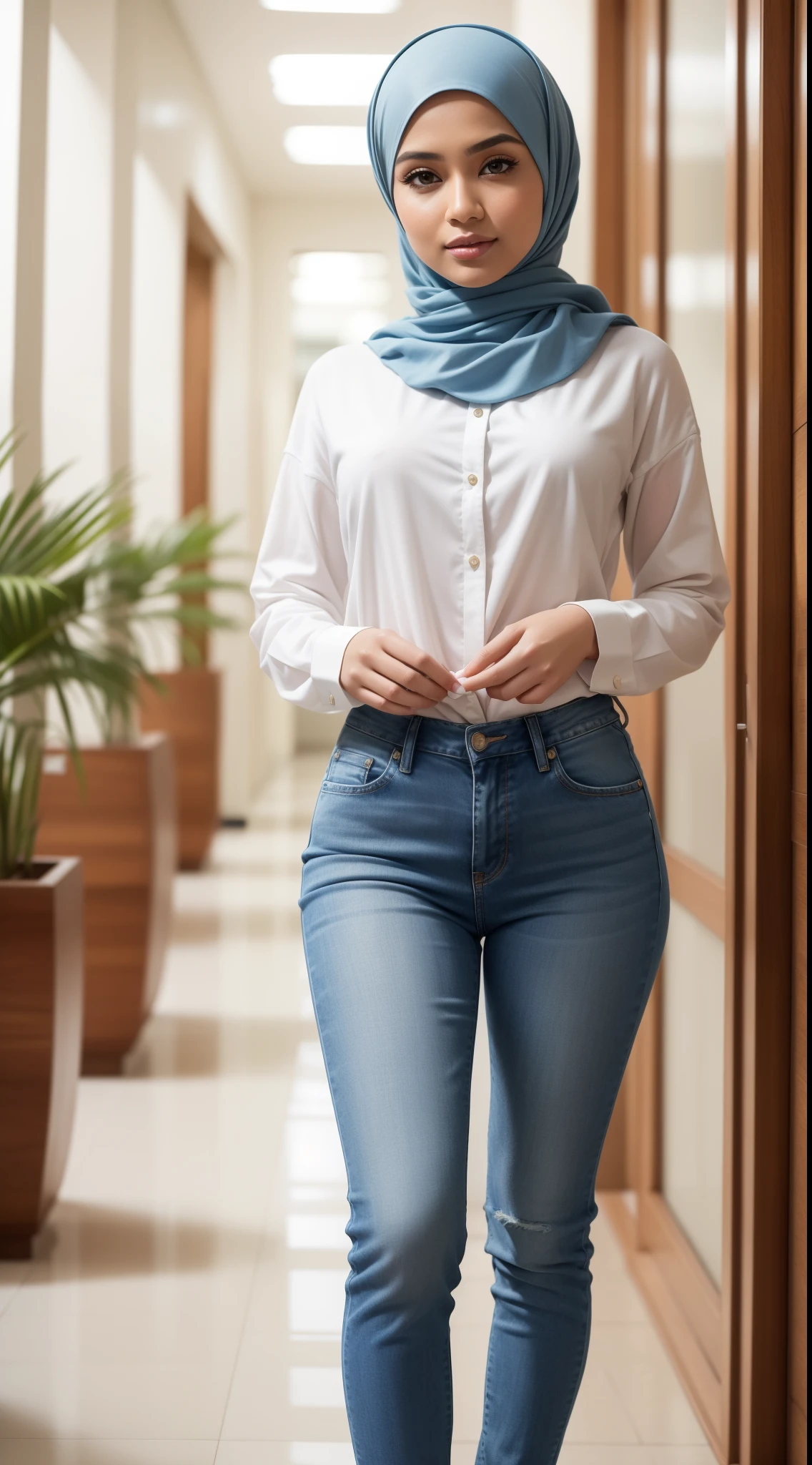 RAW, Best quality, high resolution, masterpiece: 1.3), beautiful Malay woman in hijab (iu:0.8)1beautiful Malay woman ,beautiful face, watery eyes, perfect lips, big eyes, wearing woman in a white shirt and blue jeans walking down a hallway, wearing casual clothing, wearing casual clothes, white hijab, casual clothing style, wearing elegant casual clothes, wearing beautiful clothes, casual pose, with lovely look, casual modern clothing, simple clothes, modern casual clothing, simple style, 🤠 using a 🖥, wearing jeans, wearing a blouse