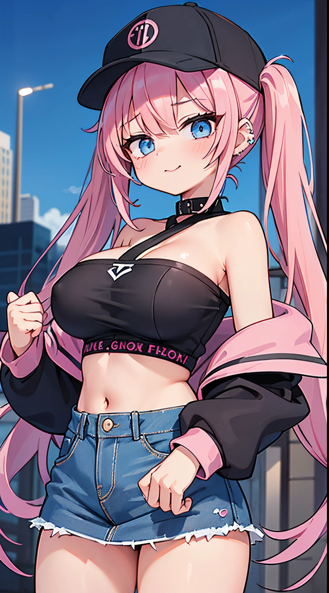 (masterpiece、top-quality、ultra-detailliert)、((1 girl))、((Pink hair twin tails))、light blue eyes、evilsmile、piercings、((very Bigger breasts))、Black Baseball Cap、black off shoulder strapless、long-sleeve、denim mini pencil skirt、cowboy shot、City background