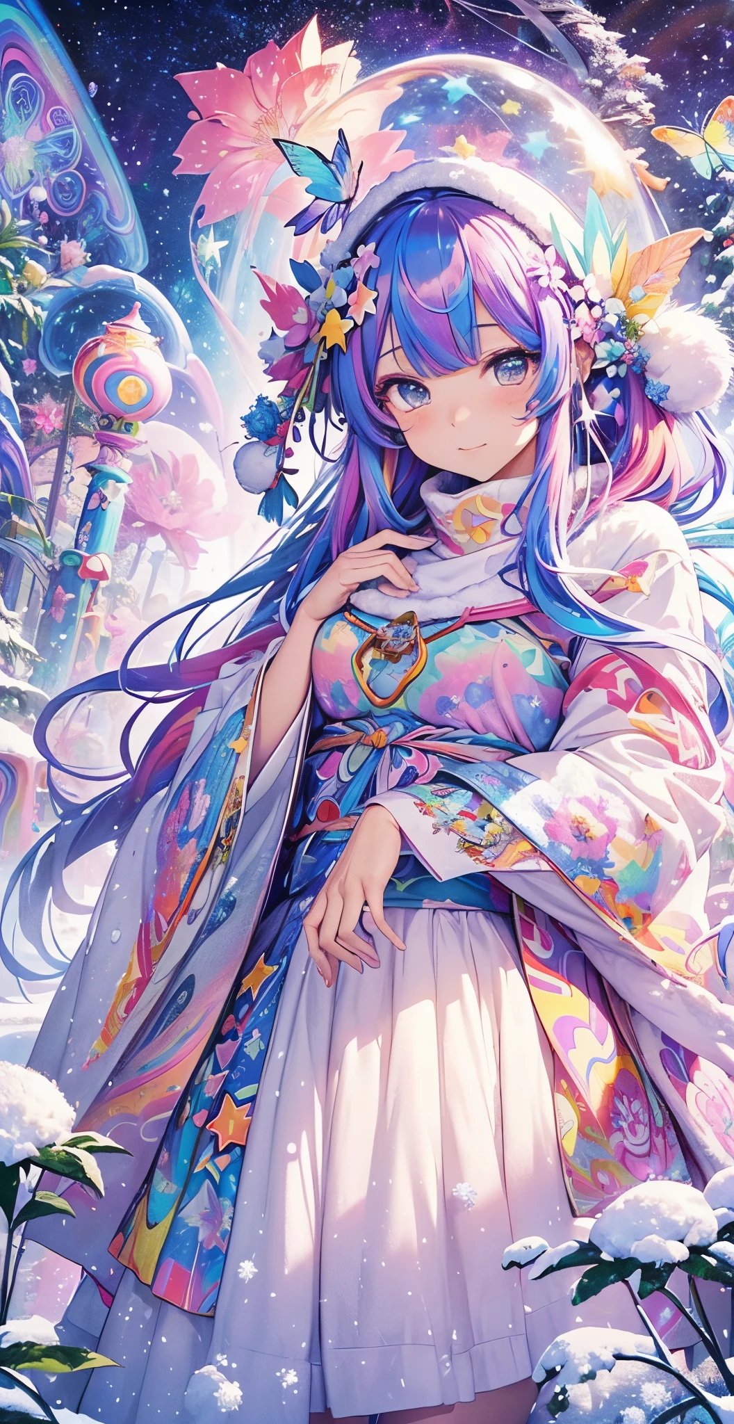 top-quality、masutepiece、1womanl、独奏、(abstract art:1.4),(Psychedelia Theme:1.6),(Gunjo World:1.5),(Snow World:1.5),(Winter World:1.5),(At the center of the world is the most beautiful woman in the world),(many stars are falling:1.3),A ray of light spreads,Crystals spreading from the center,prisma(Nostalgic landscapes:1.5),(colorful flower:1.3),Garden Girl,gentle sunlight,Soft breeze,Delicate flowers,A rainbow-colored butterfly flaps its wings,Mesmerizing natural beauty,Fragments of Shining Stars,ice crystal,