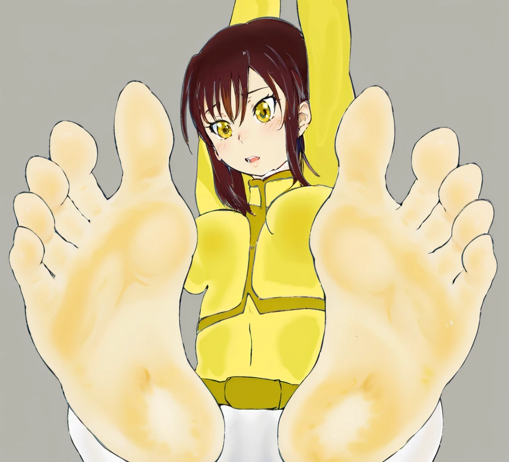 Anime girl sitting on the floor with her legs raised, high soles, feet posing, POV art of furry feet, Foot Art POV, !!Highly detailed!!, shikamimi, The art of the foot, anime moe art style, Happy toes, big legs, soft anime illustration, detailed foot pov, Feet on the ground, feet and hands、Sentai Heroine、Super Sentai、sole of feet、Sweaty feet、Tensou Sentai Goseiger, gosei yellow