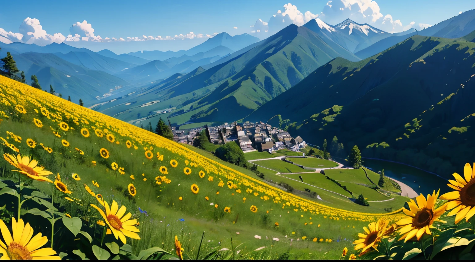 8K、Best Quality、masutepiece、(夏天、Sun flower:3)、mont、Summit of Mt、during daytime