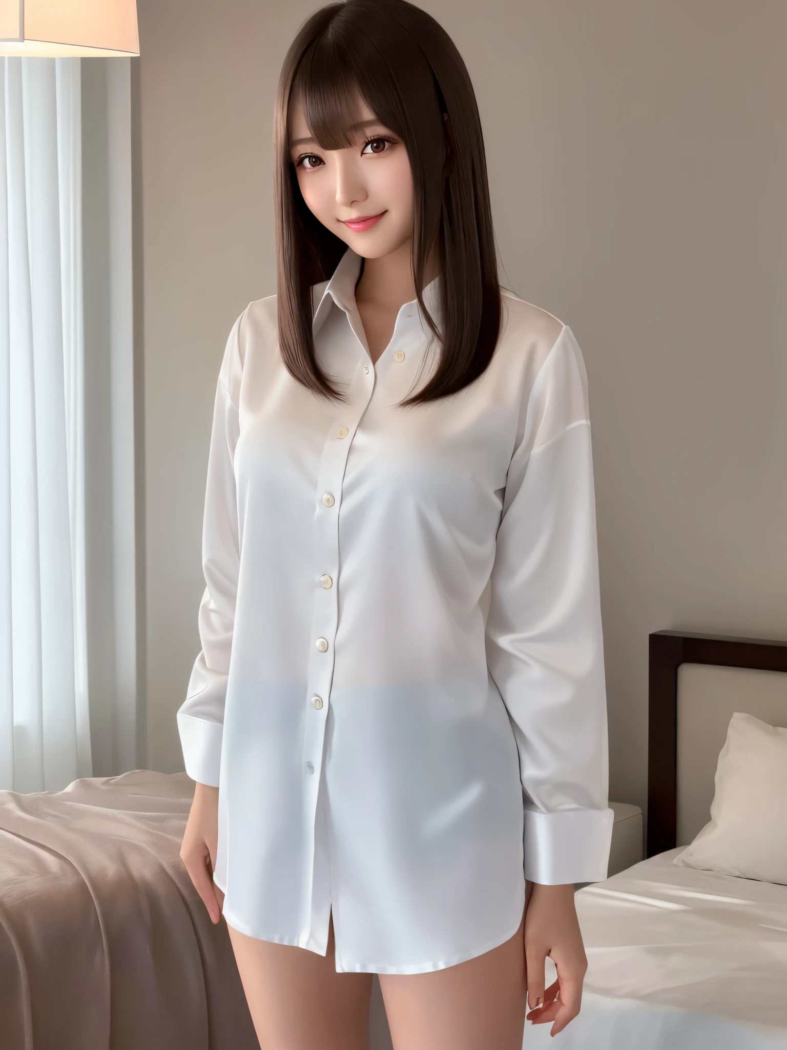 (((Draw only one woman: 2))), Beautiful woman wearing only baggy white long sleeve shirt, Sitting on a stylish bedroom bed, 20-year-old beauty, ((1screen)), in 8K, RAW shot, top quality photo, ​masterpiece, Nice realistic photos, ((Anatomically correct proportions: 1.5)), ((Perfect proportions)), ((beautiful woman like a Japanese actress) ), A detailed face, A detailed eye, Narrow Nose, Detailed fingers, detailed arms, Detailed skin, Detailed legs, short torso, Slender body, Thin thighs, Large breasts,  Shadow, Crotch wrinkles, Small beautiful ass, Shy smile, White dress shirt with collar and front button, Unbutton the top four buttons, Men's shirts for students, Highly revealing panties visible through the gap