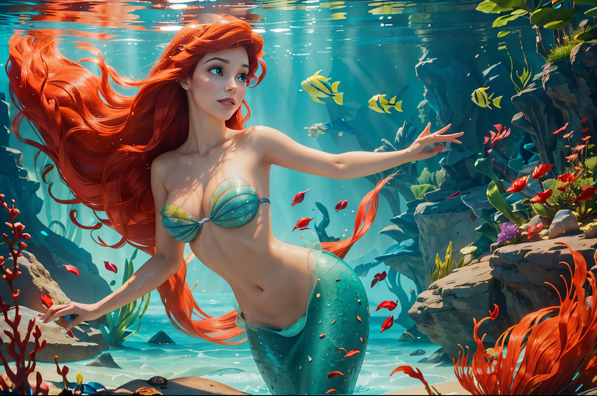 Generate a vivid and enchanting digital illustration of Princess Ariel from 'The Little Mermaid.' Capture her in a dynamic and expressive pose, highlighting her iconic red hair, green mermaid tail, and seashell bikini top. Emphasize the underwater setting with shimmering scales, and infuse the image with a sense of magic and wonder. Ensure that Ariel's facial features reflect her trademark charm and curiosity. The overall composition should evoke the essence of Disney's beloved character, creating a visually stunning portrayal of the underwater princess, show cleaveage, show thigh, show belly, beautifull face, pretty face, beautifull eyes, beautifull nose, raytracing, beautifull fingers, beautifull hands, (4 fingers in 1 hand), full body photoshoot, pretty makeup, perfect anatomy, good lighting, professional photoshoot, sharp eye, fresh lips, (masterpiece, best quality:1.2),(8k,highres,RAW photo,realistic,photo-realistic:1.3),(detailed skin texture,detailed cloth texture,beautiful detailed face:1.25),professional lighting,photon mapping,beautiful soft light,radiosity,physically-based rendering,model shoot style, model shoot style, (extremely detailed CG unity 8k wallpaper), full shot body photo of the most beautiful artwork in the world, complex 3d render ultra detailed, looking at viewer, 18 yo, wet hair, real human skin, vibrant details, hyperrealistic, beautiful, octane render, 8k, best quality, masterpiece, an extremely delicate and beautiful, extremely detailed ,CG ,unity ,wallpaper, (realistic, photo-realistic:1.37),Amazing, finely detail, masterpiece,best quality,official art, extremely detailed CG unity 8k wallpaper ,extreme detailed eyes, (perfect face), shiny skin, colorful, highest detailed, vibrant colors, ultra high res, (high contrast), intricate, lens flare,