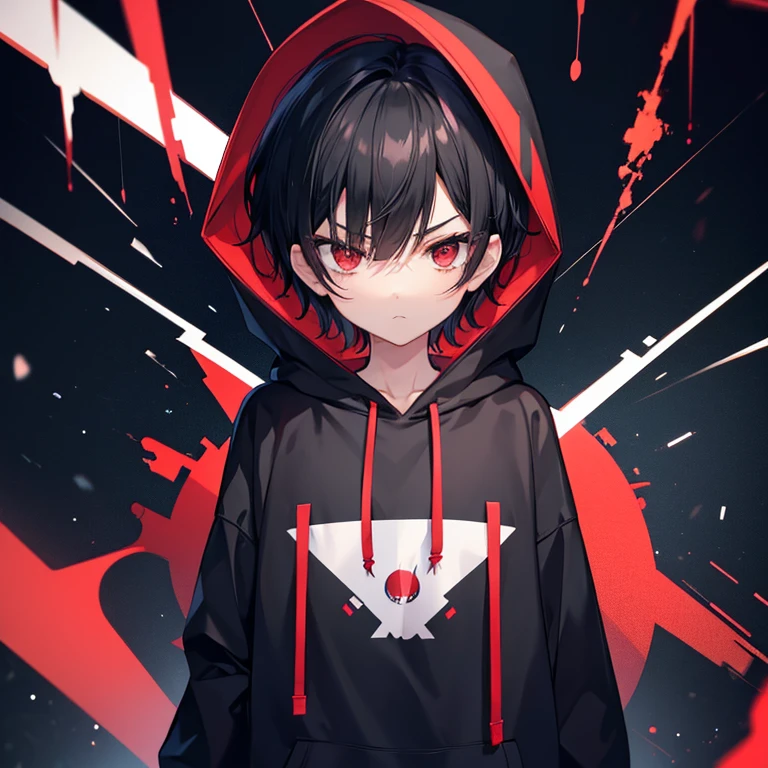 Boy, Slim body, black hair, Short hair, red eyes, looks like a girl, Pouting, Oversized hoodie