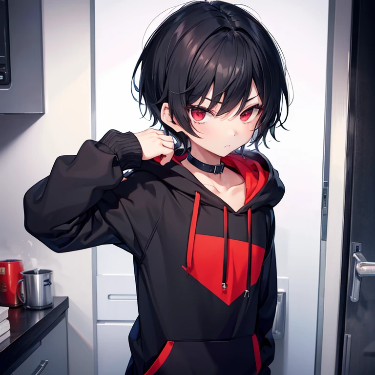 Boy, Slim body, black hair, Short hair, red eyes, looks like a girl, Pouting, Oversized hoodie