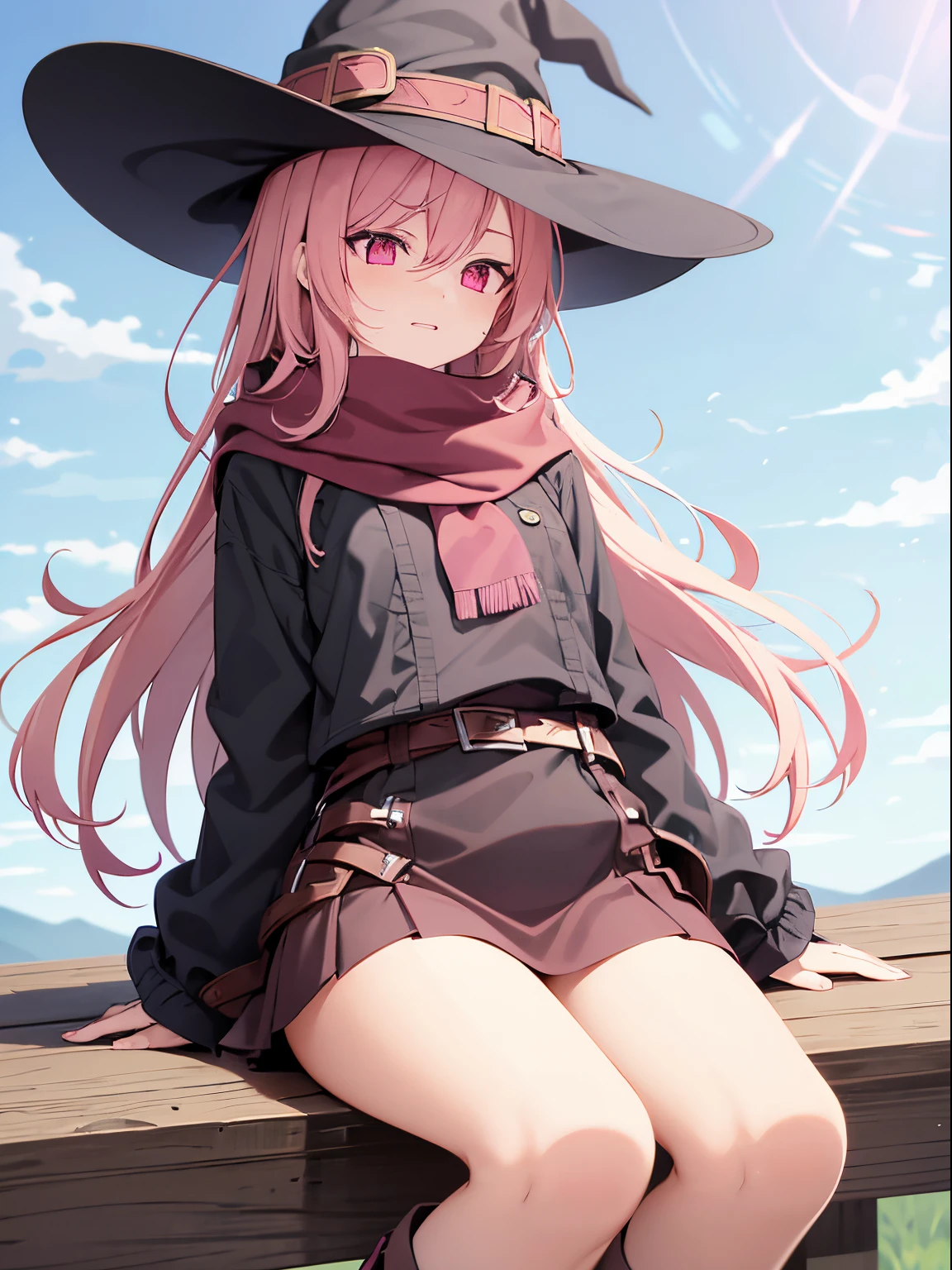 Pink hair, red eyes, thin brown witch clothes, no underwear, witch hat, pink scarf, brown boots, knee socks, short black miniskirt