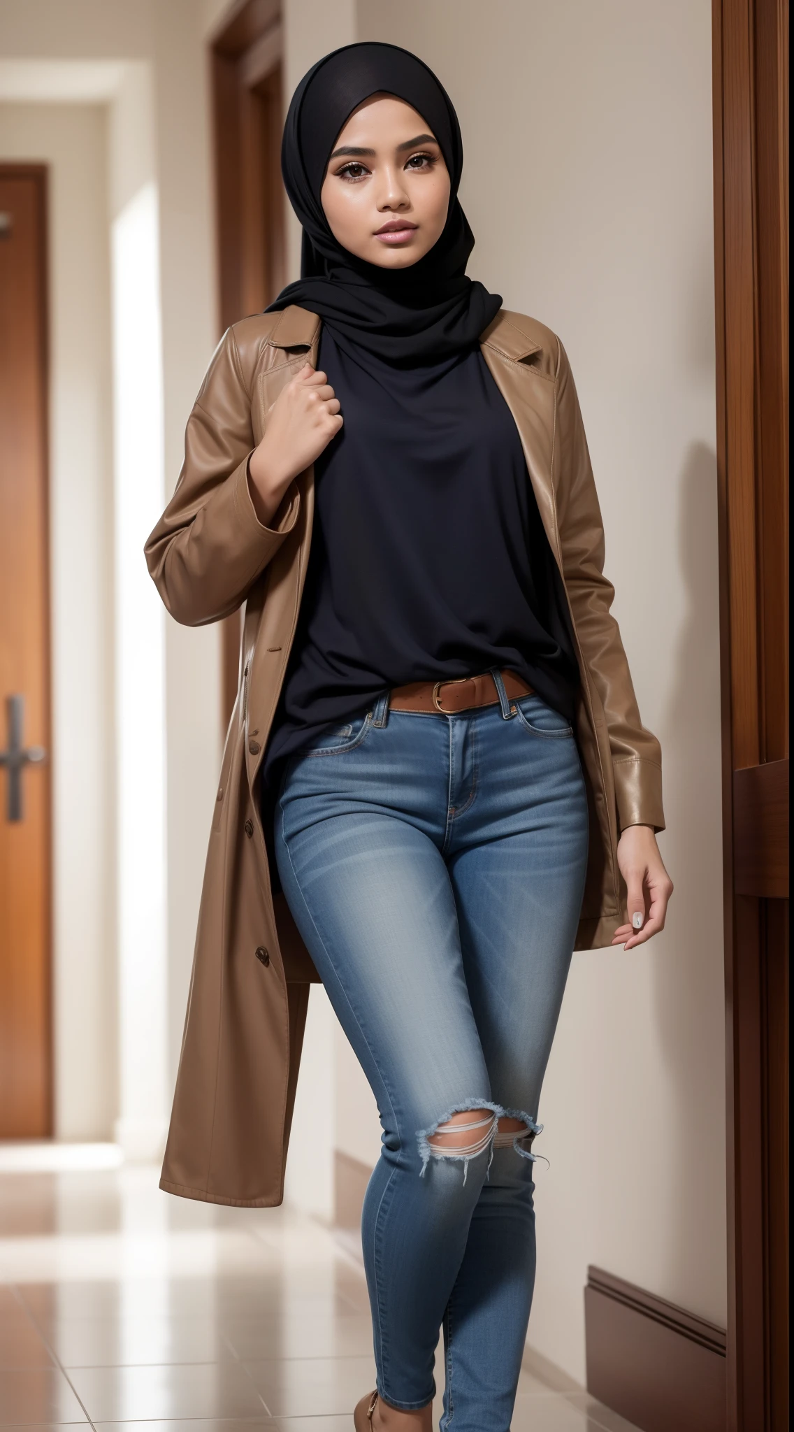 RAW, Best quality, high resolution, masterpiece: 1.3), beautiful Malay woman in hijab (iu:0.8)1beautiful Malay woman,beautiful face, watery eyes, perfect lips, big eyes, woman in brown shirt and blue jeans walking down a hallway , wearing a jacket around the waist, wearing casual clothes, white hijab, casual clothing style, wearing elegant casual clothes, wearing beautiful clothes, casual pose, with beautiful appearance, modern casual clothes, simple clothes, modern casual clothes, simple style, narrow waist , tight thighs, wearing jeans, wearing a blouse