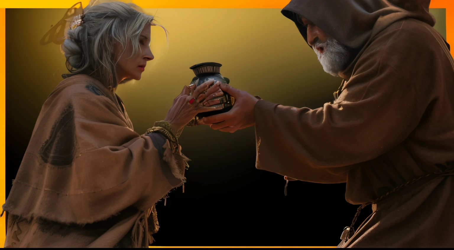 there is a man and a woman in the desert holding a holy chalice, implorando por esmolas, Velho Mestre Jedi, dar frascos para outros gnomos, sidioso, Monge fisting, Jedi, bruxa pagando por seus pecados, NPC com um santo\halo do, NPC com halo de santo, Imagem promocional, Nicodemos, dois idosos, vestindo vestes marrons