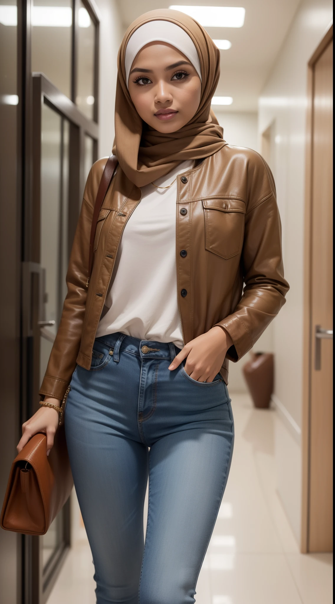 RAW, Best quality, high resolution, masterpiece: 1.3), beautiful Malay woman in hijab (iu:0.8)1beautiful Malay woman,beautiful face, watery eyes, perfect lips, big eyes, woman in brown shirt and blue jeans walking down a hallway , wearing a jacket around the waist, wearing casual clothes, white hijab, casual clothing style, wearing elegant casual clothes, wearing beautiful clothes, casual pose, with beautiful appearance, modern casual clothes, simple clothes, modern casual clothes, simple style, narrow waist , tight thighs, wearing jeans, wearing a blouse